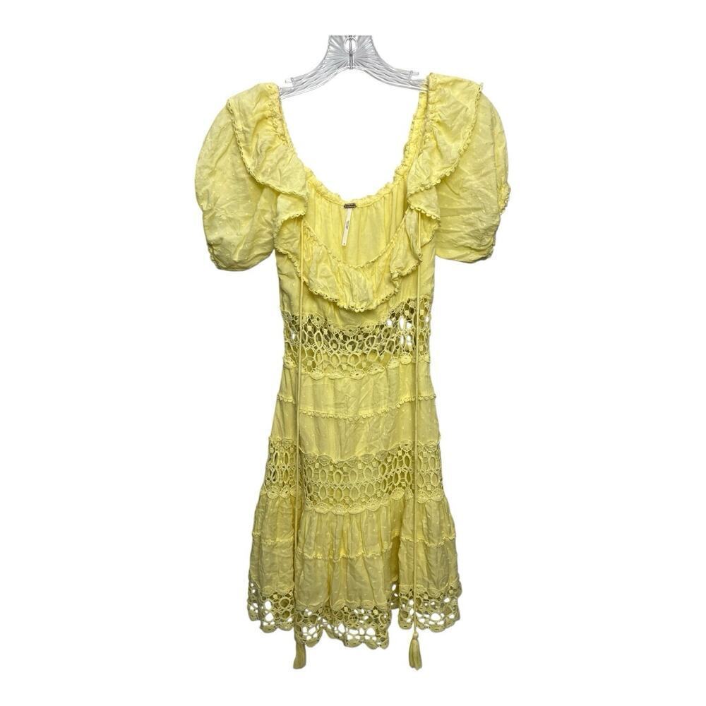 Free People Cruel Intentions Ruffle Mini Dress Women’s 0 Yellow Crochet Cut Out